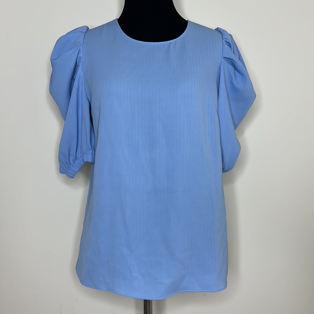 LA’ VEN Blue Pleated Puff Sleeve Top XS
